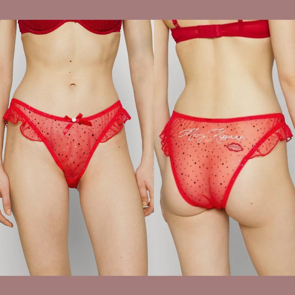 NEW ANN SUMMERS‎ [ XS 0-2 ] Merry Kissmas Ruffle Mesh Panties In Red Xmas